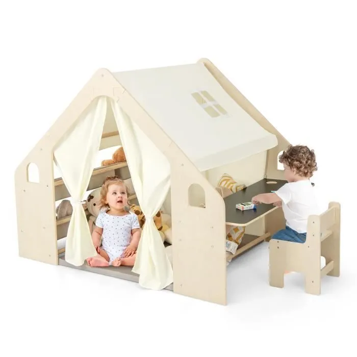 Tente de Jeu COSTWAY 6 en 1 : Tableau noir, Bac de Rangement,Tapis de Jeu, Ensemble Table et Chaises, pour 5 - 6 Enfants