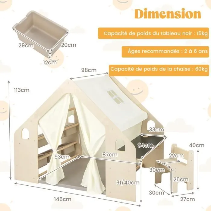 Tente de Jeu COSTWAY 6 en 1 : Tableau noir, Bac de Rangement,Tapis de Jeu, Ensemble Table et Chaises, pour 5 - 6 Enfants